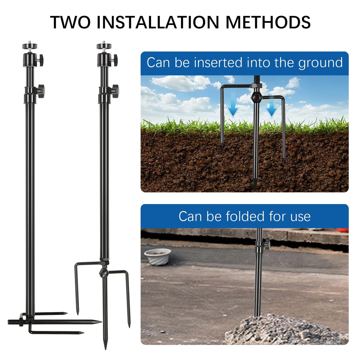 Trail Camera Mount,Height Adjustable (15.7"-28.3") & 360° Rotating Stake,Dual-Mode Base for Soft/Hard Ground Post,Game Cam Stand with 1/4"-20 Thread, Metal pole for Solar Panels,Hunting,Wildlife.3Pcs