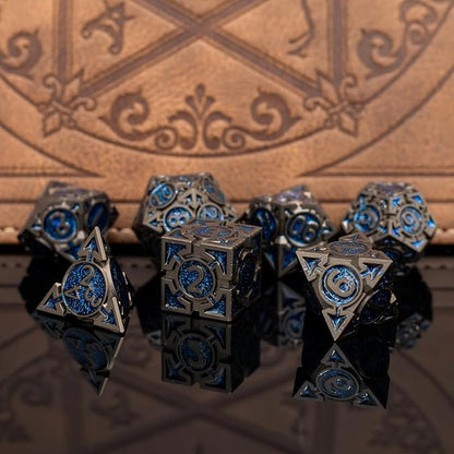 Blue Black Nickel Finish Heavy Metal DND Dice Set (Wizard) with A Metal Box, Sharp Edge Zinc Alloy D&D Accessories, D4-D20, Designed for Dungeons & Dragons Master, RPG Player, Starter