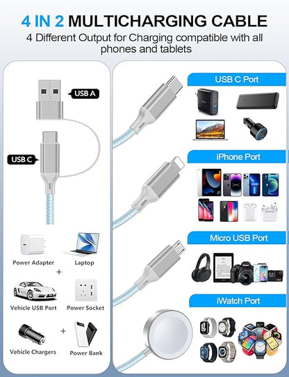 2 Pack Charging Cable for Apple Watch Charger/Samsung/iPhone Charger,Car/Office/Camping/Travel Essentials,Type C Cable Cord for iWatch Ultra/10-2/iPhone 16-11/Samsung S25-S20,iPad,airPods-Blue