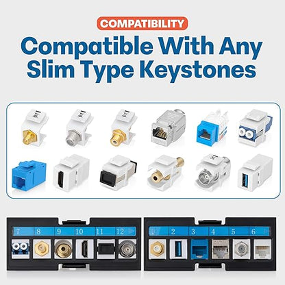 Everest 24 Port Keystone Patch Panel (4-Pack) - Removable 6-Port Panels - Use with Slim Profile Keystones ONLY (Wider Jacks May not fit Side by Side) - with Adjustable Rear Cable Management Bar
