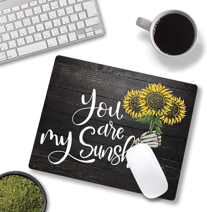 Sunflower 'You Are My Sunshine' Black Wood Gaming Mouse Mat - Square Waterproof Non-Slip Rubber Base Office Laptop Mouse Pad