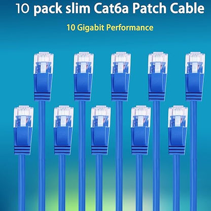 Rapink Patch Cables Cat6a 10ft (10 Pack) Slim, Cat6a Ethernet Patch Cable 10G Support, Snagless Cat 6 Patch Cable for Patch Panel to Switch, Flexiable Cat 6a Ethernet Cable with Gold Plated