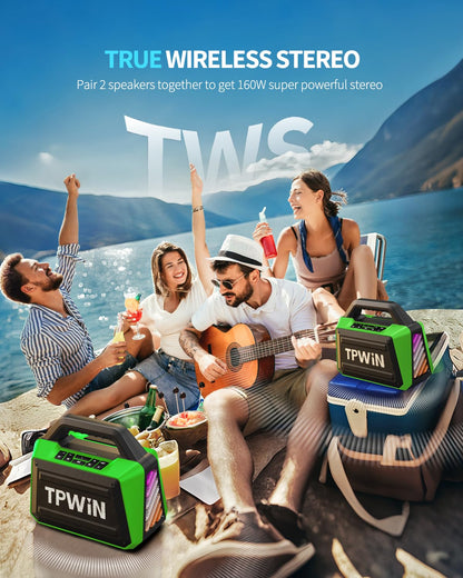 TPWIN Bluetooth Speaker - 80W Loud Rugged Outdoor Speakers, IPX6 Waterproof, 20H Playtime, Deep Bass, Lightshow, TWS, BT 5.3 Wireless, Portable for Travel Hiking Camping Beach Pool - Green