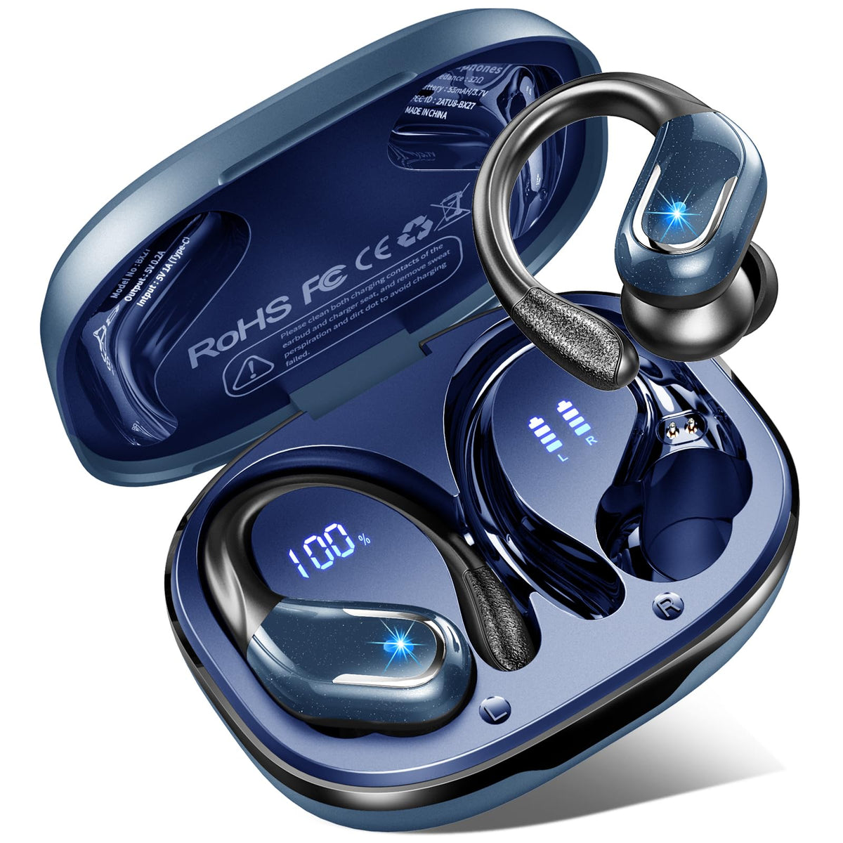 Ltinist Wireless Earbud, Bluetooth 5.3 Headphones Pure Bass Sound with Earhooks, 75H Battery Over Ear Headphones with Dual-LED Display, IP7 Waterproof Earphones Built-in Microphone for Running Sports