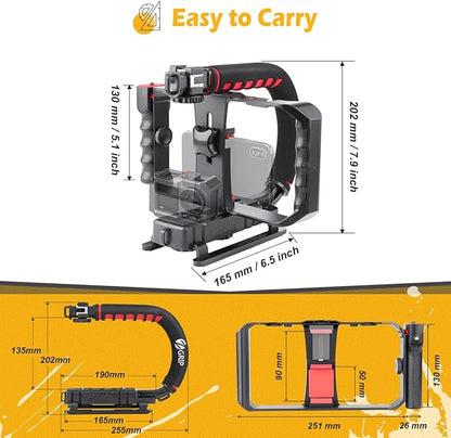 Zeadio Camera Handheld Stabilizer with Smartphone Video Cage Rig, Triple Cold-Shoe Handle Grip Compatible with All Camera Action Camera DSLR Smartphone