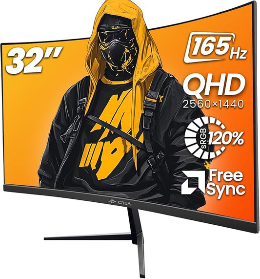 CRUA 32" 2K QHD 165Hz Curved Gaming Monitor, FreeSync, HDMI/DP, Black