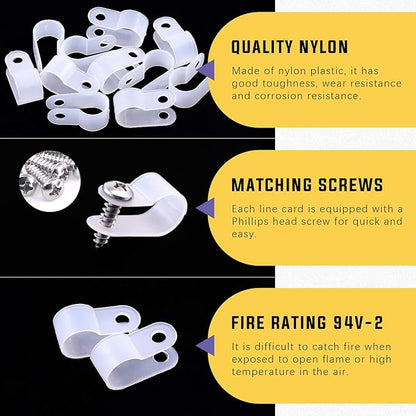 Swpeet 120 Pack White 3/8 Inch Nylon Plastic R-Type Cable Clips Clamp Kit, Nylon Screw Mounting Cord Fastener Clips with 120 Pack Screws for Wire Management (3/8 Inch, White)