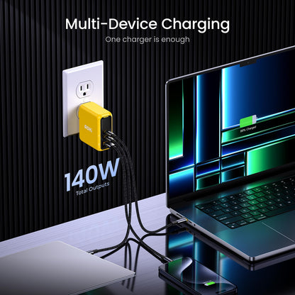 AOHI Magcube 140W USB C Charger PD3.1 3-Port GaN+ Laptop Wall Charger 100W Fast Charging Power Adapter Foldable Plug for MacBook Pro 16'', Dell XPS, iPad Pro, Galaxy, iPhone 17 Pro, Chromebook, Yellow