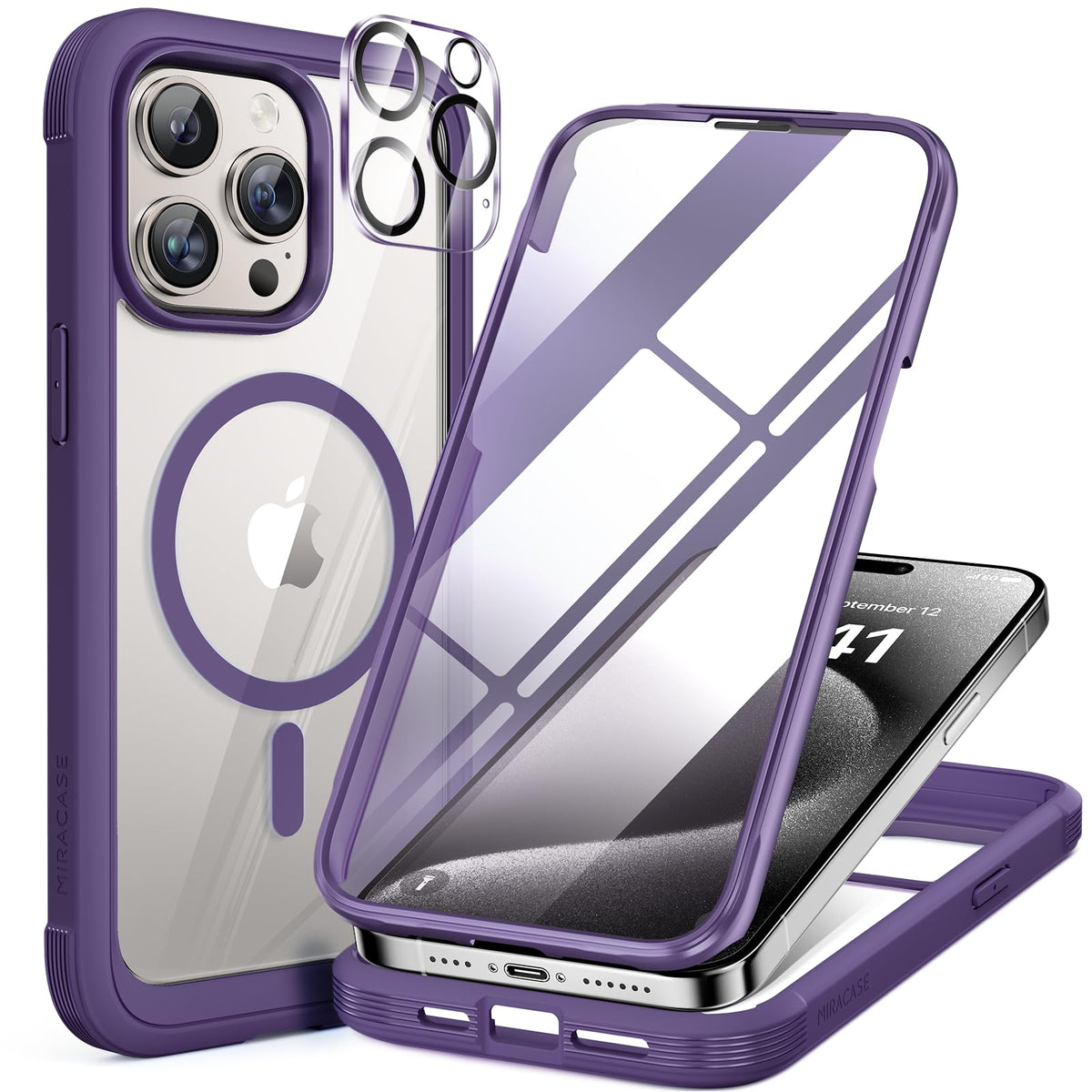 Miracase for iPhone 13 Case 6.1'',Full-Body Magnetic Clear Bumper Case with Built-in 9H Tempered Glass Screen Protector,Military Drop Protection Outdoor Phone Case — iPhone 15 Pro Max