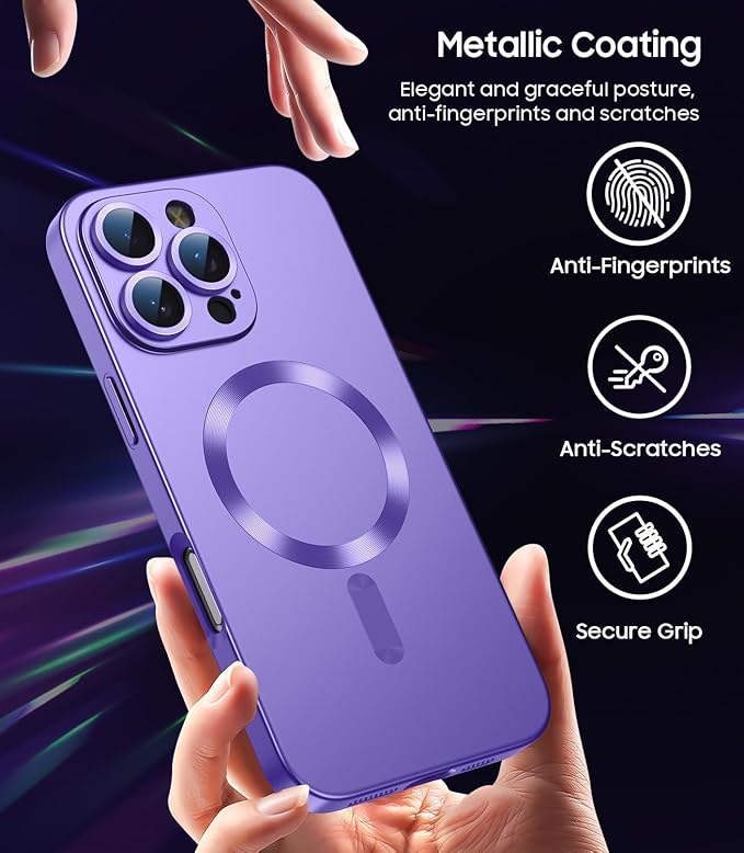 Magnetic for iPhone 16 Pro Case [Compatible with MagSafe][Built-in Camera Lens Protector] Slim Soft Silicone Bumper Shockproof Metallic Luster Phone Case (Purple)