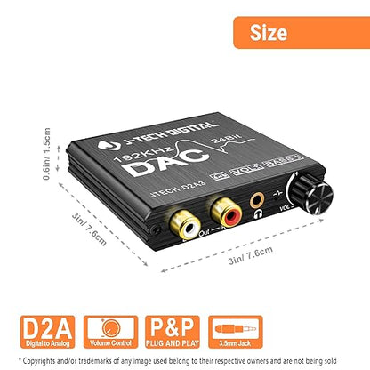 Digital to Analog Audio Converter with Headphone Amplifier & Bass Control by J-Tech Digital | 192kHz 24bit Optical Coaxial RCA 3.5mm
