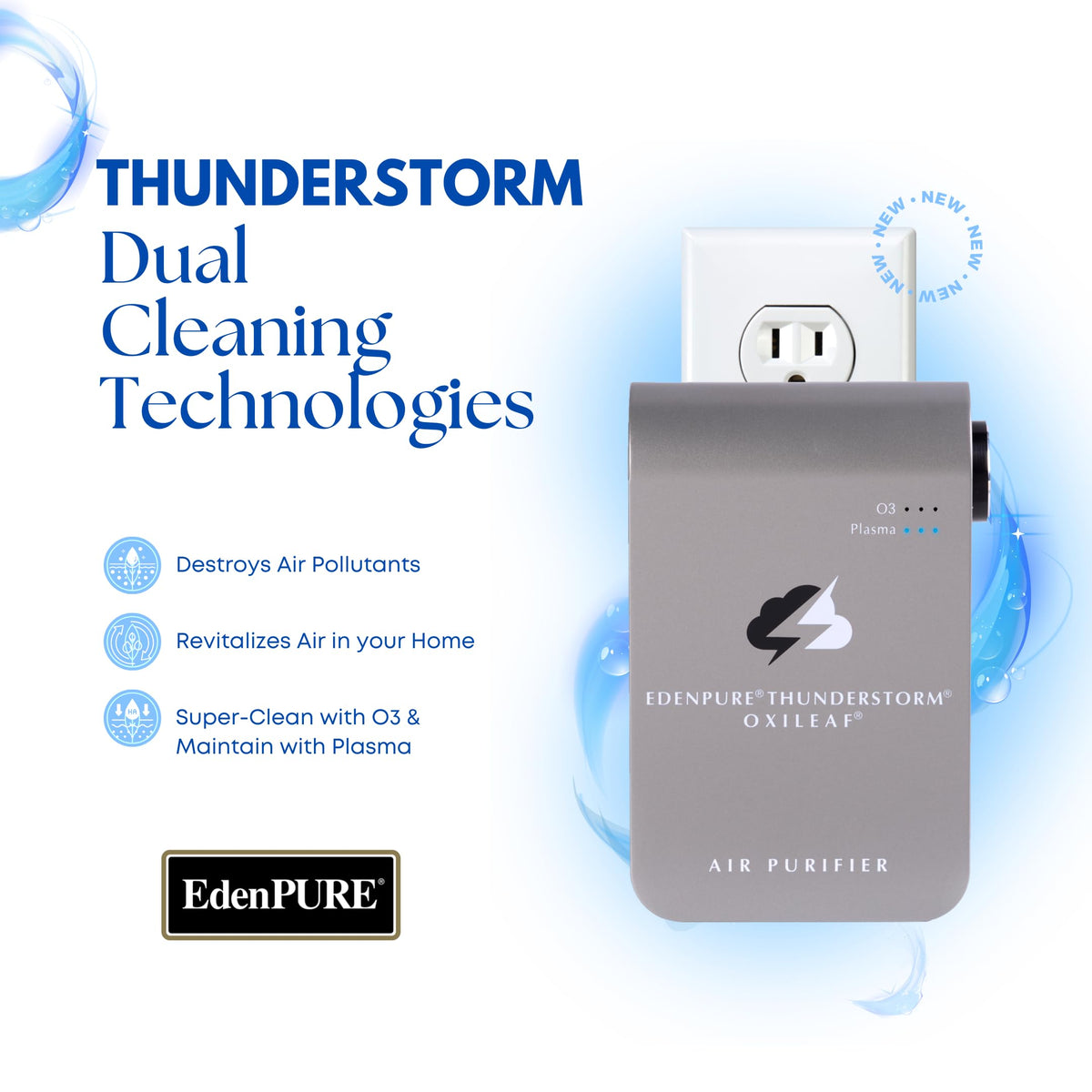 EdenPURE® Thunderstorm® Oxileaf® III Air Purifier Odor Remover with Plasma and Ozone Settings, Small, Grey