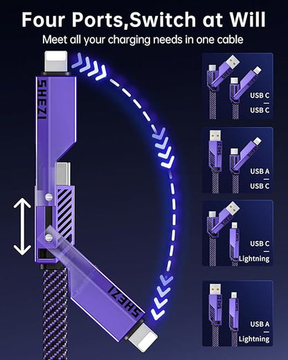SHEZI [Upgraded 2.0] 4-in-1 Long USB C Cable 60W 10FT Fast Charging [480Mbps Data Sync] Flat Nylon Braided Charger Cord Combo, USB A/C to C/L Multi Charge Cable for iPhone/iPad & Most Devices, Purple