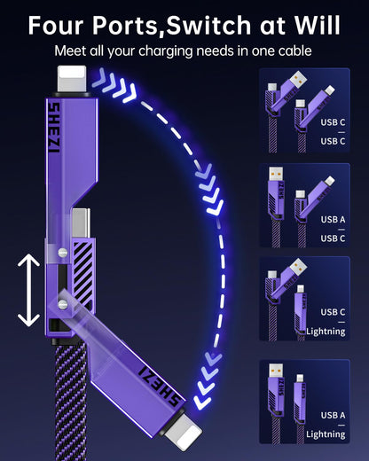 SHEZI [Upgraded 2.0 4-in-1 USB C Cable 60W 5FT Fast Charging [480Mbps Data Transfer] Flat Nylon Braided Charger Cord Combo, USB A/C to C/L Multi Charge Cable for iPhone/iPad & Most Devices, Purple