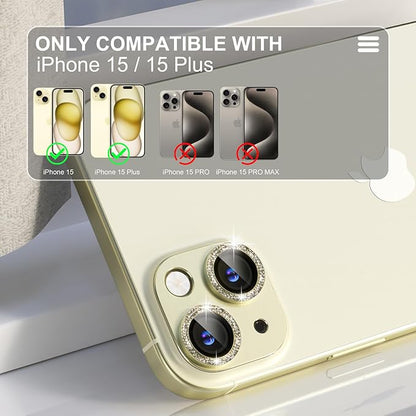 beuxece for iPhone 15/iPhone 15Plus Camera Lens Proprotector, Metal Camera Screen Proprotector Cover Accessories, Case Friendly, HD Tempered Glass,Drop Protection, Easy to Install,Yellow