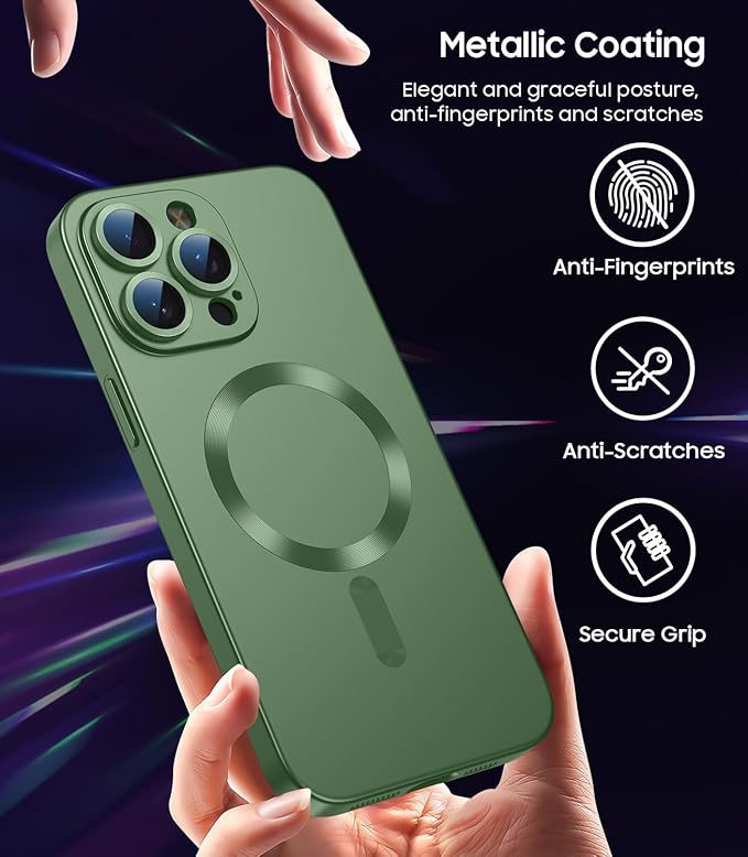 Magnetic for iPhone 15 Pro Case [Compatible with MagSafe][Built-in Camera Lens Protector] Slim Soft Silicone Bumper Shockproof Metallic Shine Phone Case (Green)