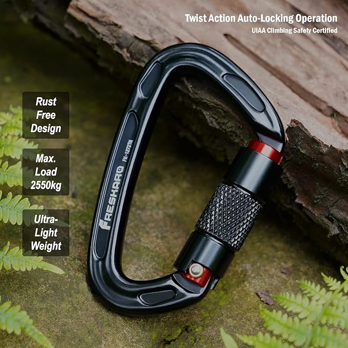 FresKaro 25kN Climbing Carabiners Double Locking Carabiner Clips, Heavy Duty Carabiner for Rock Climbing, Rappelling, Hunting, or Survival Gear kit, Gym Equipment, Cerfified UIAA Carabiner Black