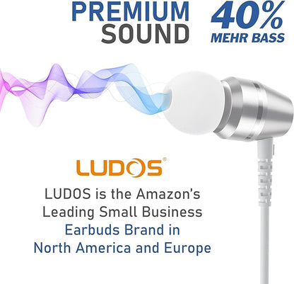 LUDOS OMNITONE Wired Earbuds in-Ear Headphones, 5 Years Warranty, Earphones with Microphone, 3.5 mm Jack Corded Ear Buds, Videoconference for iPhone, Samsung, Laptop, Kids, School Students - White