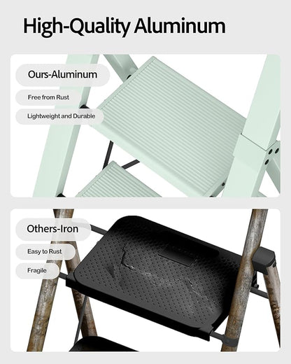 Taranta 3 Step Ladder,Lightweight Aluminum Step Stool with Convenient Handgrip, Folding Ladder with Anti-Slip Pedals, 330lbs Capacity Stepladder for Home, Office, Kitchen-Fairyland Green