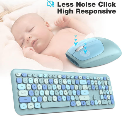 KNOWSQT Wireless Keyboard and Mouse Combo, Pale Blue Full-Sized 2.4G Silent Keycap Colorful Keyboards, USB Dongle Plug Play, Laptop, Windows, PC, Mac, Desktop