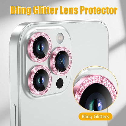 AGVEE 3+3 6 Pack for iPhone 14 Pro/Pro Max, Bling Diamond & Glitter Metal Ring 9H Tempered HD Glass Camera Protector, Bling-Gold
