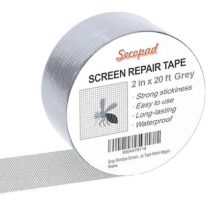 Grey Window Screen Repair Tape, 2IN X 20FT Screen Repair Kit for Windows or Doors, Strong Adhesive Fiberglass Mesh Patch Tape