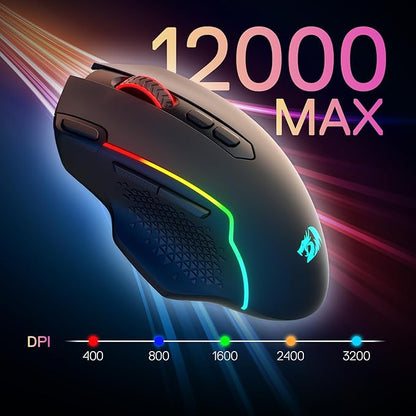 Redragon M810 MAX 3-Mode Wireless Gaming Mouse, 12000 DPI Wired/Wireless RGB Mouse w/Rapid Fire Key, 8 Macro Buttons, 188-Hour Reliable Power Capacity for PC/Mac/Laptop