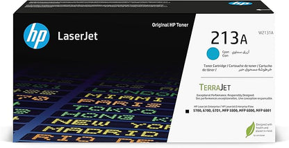 HP 213A Cyan Original LaserJet Toner Cartridge, W2131A. Works with HP LaserJet Enterprise 5700, 5800, 6700, 6701, 6800, 6801