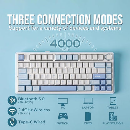 EPOMAKER x Aula F75 Gasket Mechanical Keyboard, 75% Wireless Hot Swappable Gaming Keyboard with Five-Layer Padding&Knob, Bluetooth/2.4GHz/USB-C, RGB (Sea Salt Blue, Ice Vein Switch)