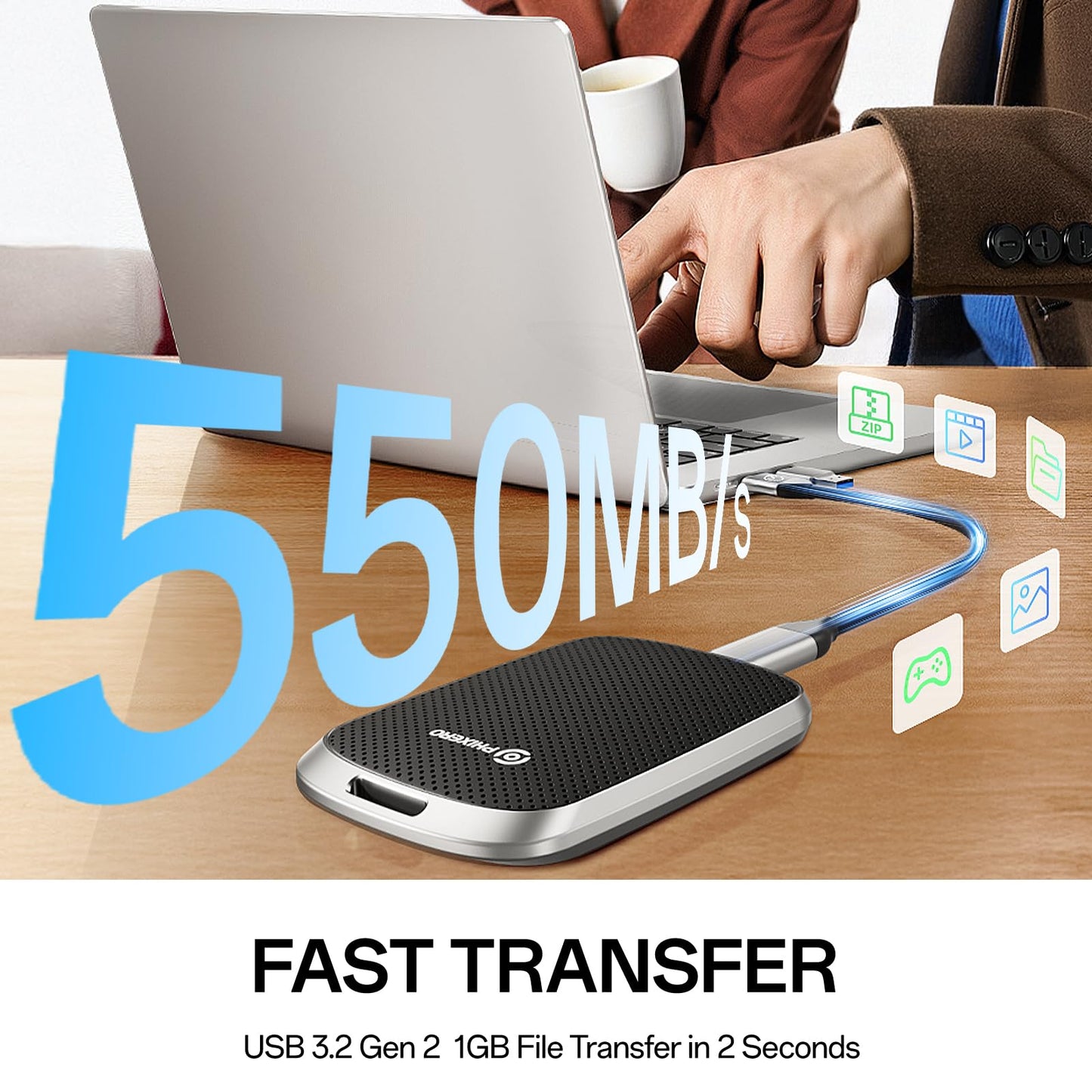 PHIXERO Portable External SSD 2TB Up to 550MB/s, USB 3.2 Gen 2 USB C to C&A for Smartphone/Tablet/PC/Laptop/Camera (Black)