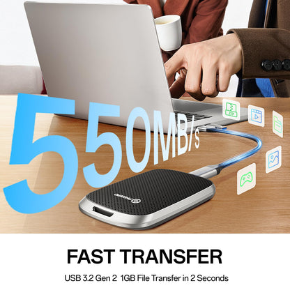 PHIXERO Portable External SSD 2TB Up to 550MB/s, USB 3.2 Gen 2 USB C to C&A for Smartphone/Tablet/PC/Laptop/Camera (Black)