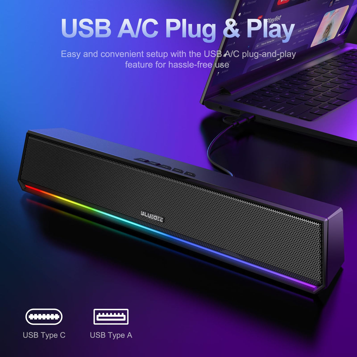 Bluedee Computer Speakers for Desktop PC, Bluetooth & USB PC Sound Bar RGB