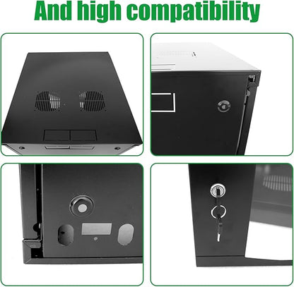 9U Server Cabinet Wall Mount Rack Enclosure with Caster Wheels 2 Server Fans Locking Glass Door Removable Side Panels 19" Network Cabinet 15-18.5" Installation Depth Heavy-Duty Frame(23INCH, 9U)
