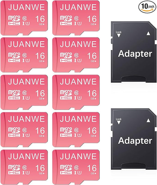 JUANWE 16GB Micro SD Card 10 Pack microSDHC Memory Card with SD Adapter, C10, U1,TF Card 16GB for Dash Cam, Security Camera, Pink