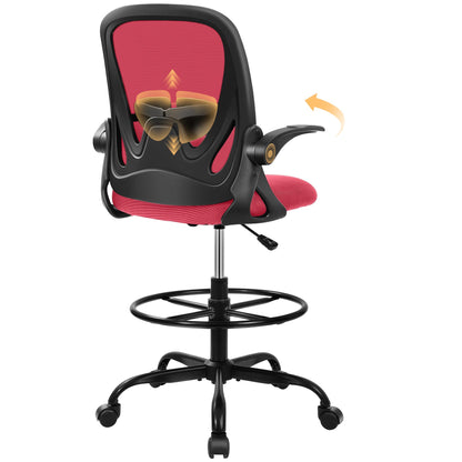 Drafting Chair Tall Office Chair with Flip-up Armrests, Adjustable Height, and Enhanced Lumbar Support - Ergonomic Rolling Stool, Back Support, and Adjustable Foot Rest Ring Light Blue