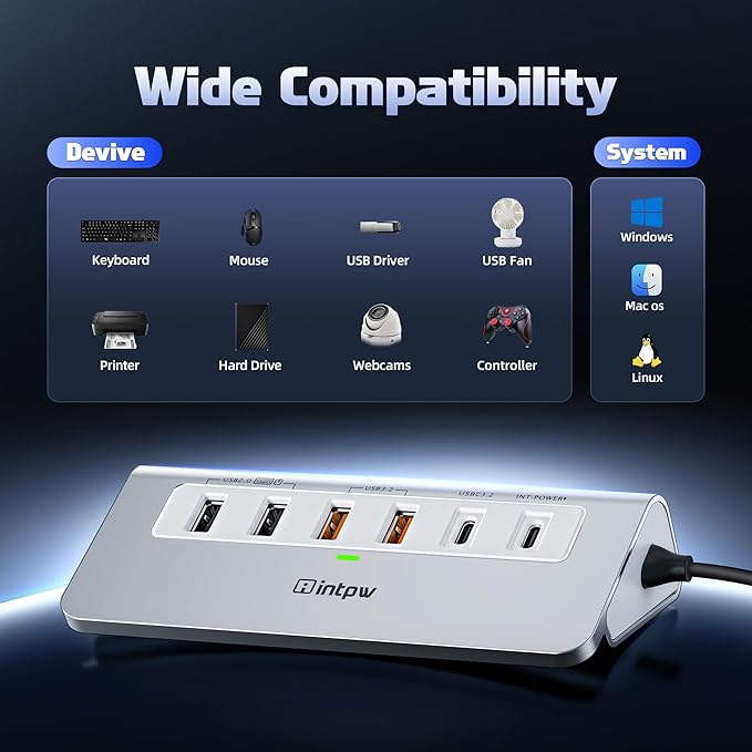 intpw USB C Hub, P9 PRO USB C Hub Multiport Adapter with 4K HDMI, PD 100W, Type-C & 2 USB A 3.2 10Gbps, 2 USB A 2.0, SD/TF Card Reader, Aluminum USB Hub for Laptop, iPhone 17 Series, MacBook, iPad