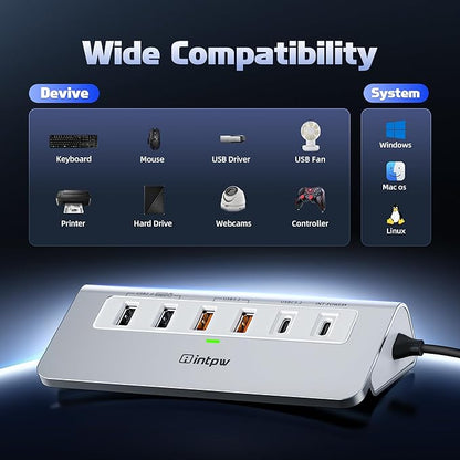intpw USB C Hub, P9 PRO USB C Hub Multiport Adapter with 4K HDMI, PD 100W, Type-C & 2 USB A 3.2 10Gbps, 2 USB A 2.0, SD/TF Card Reader, Aluminum USB Hub for Laptop, iPhone 17 Series, MacBook, iPad