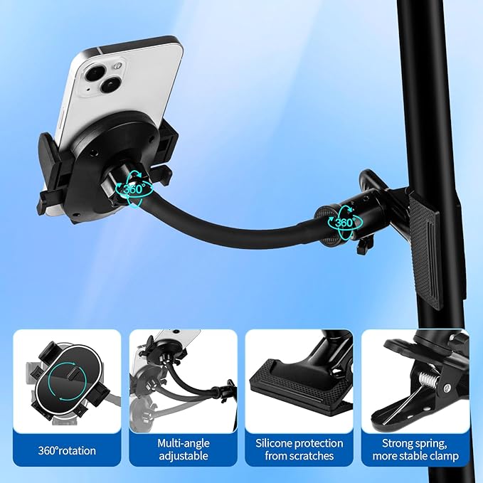 ROCKFREE Clip Phone Holder with 360° Gooseneck Arm & Auto-Locking Clamp,Short/Medium/Long Arm Options for Desk, Mic Stand, Table,Treadmill – Fits 4-7" Smartphones(Medium-5.9 inch Arm)