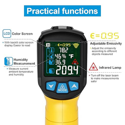 MESTEK Infrared Thermometer Temperature Gun, Non-Contact Digital Laser Thermometer with Probe for Cooking, Home and Industry Repair, Humidity Measurement, Adjustable Emissivity -58°F to 1472°F