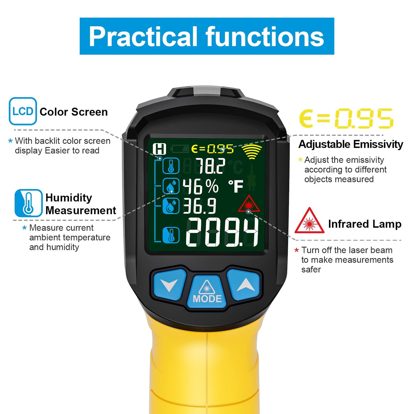 Infrared Thermometer Temperature Gun, -58°F to 1472°F, Digital Laser Thermometer Gun with Probe for Cooking, Pizza Oven, Grill & Engine, IR Thermometer Temp Gun with Adjustable Emissivity & Humidity