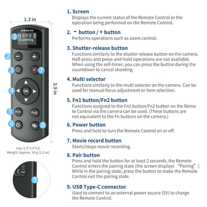 Rechargeable Shutter Release for Nikon AODELAN Wireless Camera Remote Control Compatible with COOLPIX P1000, P1100, P950, B600, A1000, Z50, Z30, Z fc, Z6 II, Z7 II,Z5, Replaces Nikon ML-L7(Black)