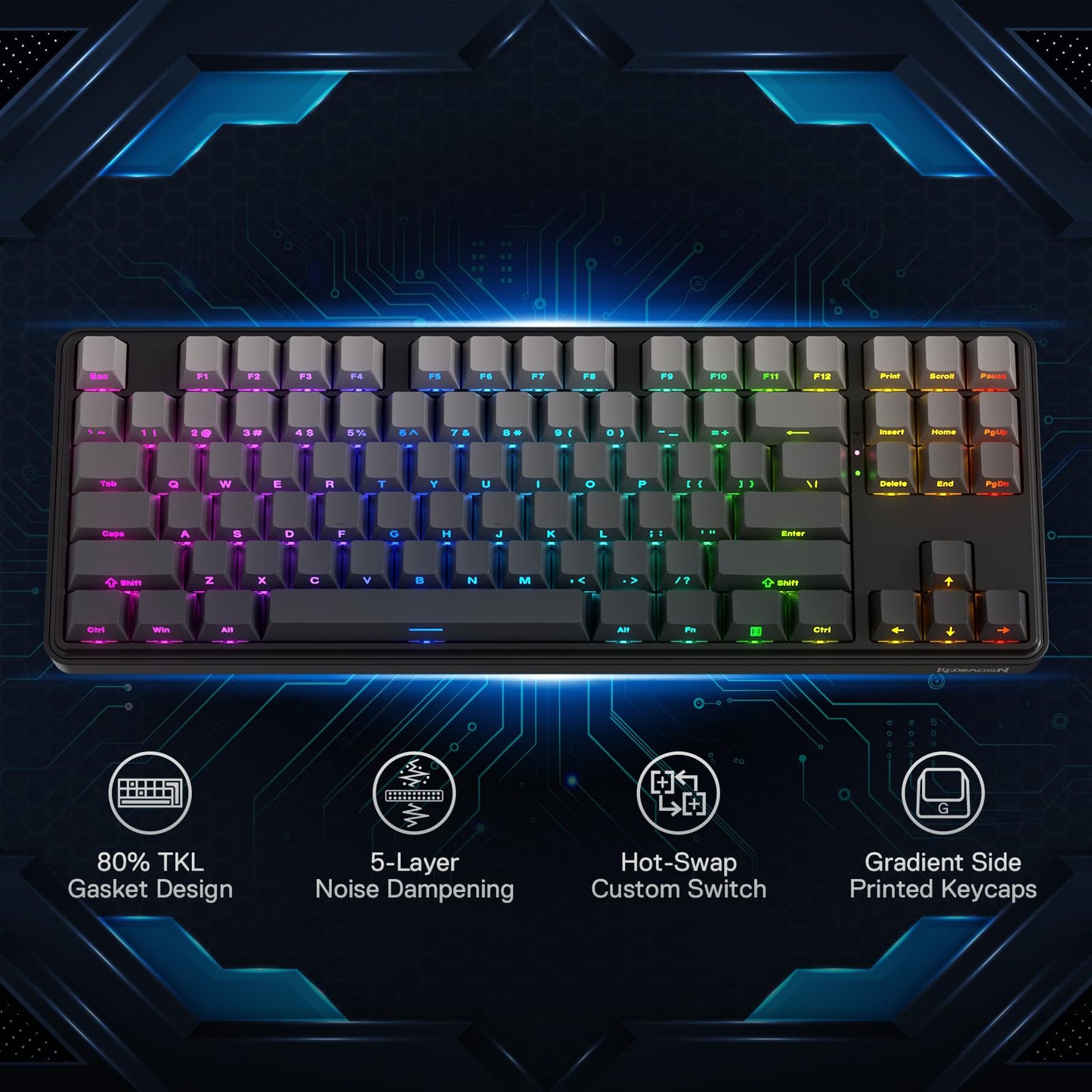 Redragon K707 PRO GB 80% Gasket RGB Gaming Keyboard, 3-Modes Wireless TKL Mechanical Keyboard w/Hot-Swap South-Facing LEDs Socket, PBT Gradient Keycaps & 5-Layer Noise Dampening, Custom Linear Switch