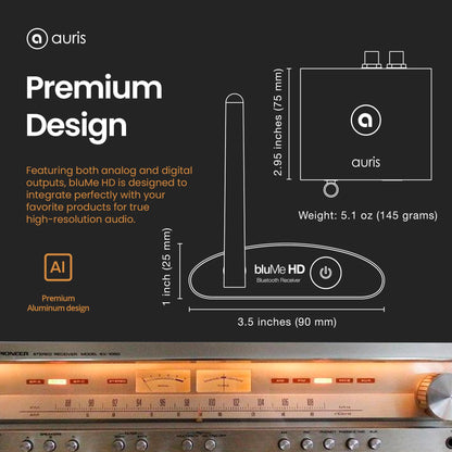 Auris Blume HD Long Range Bluetooth 5.3 Music Receiver Hi-Fi Audio Adapter with Audiophile DAC, LDAC & AptX HD for Home Stereo, AV Receiver or Amplifier