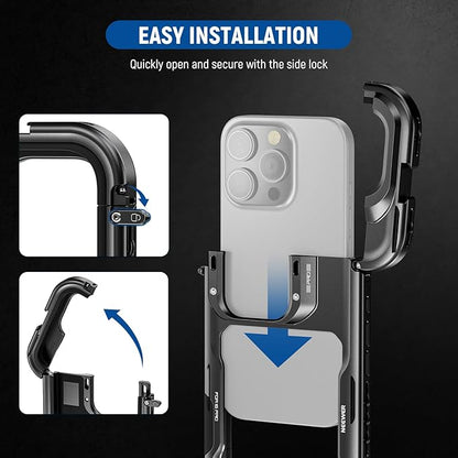 NEEWER 16 Pro Cage, Quick Release Video Rig Phone Stabilizer Compatible with iPhone 16 Pro with Adapters of 67mm Filter, 17mm Lens & T Mount Lens, Full Camera Control Access, PA073