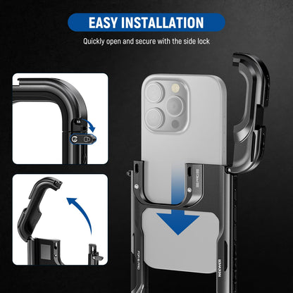 NEEWER 16 Pro Cage, Quick Release Video Rig Phone Stabilizer Compatible with iPhone 16 Pro with 67mm Filter Adapter, 17mm Lens Backplate, T Mount Lens Adapter Compatible with Moment, PA073