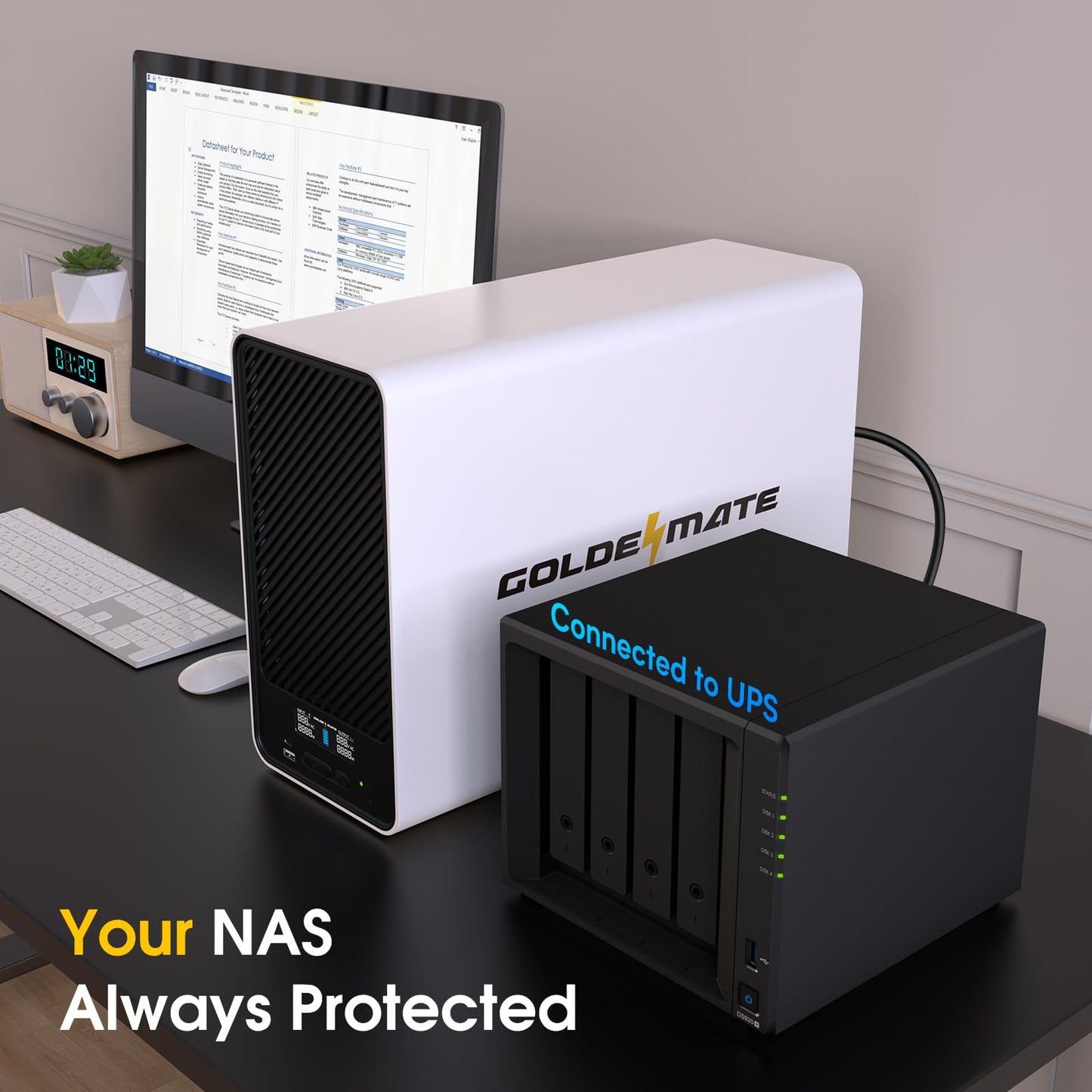 GOLDENMATE 1500VA/1200W Lithium UPS Battery Backup & Surge Protector, White