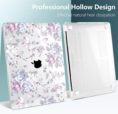 TWOLSKOO Compatible with MacBook Pro 13 inch Case 2023-2016 A2338 M2/M1 A2251 A2289 A2159 A1989 A1706, Plastic Hard Shell Cover & Keyboard Skin & Screen Protector, Purple Peony