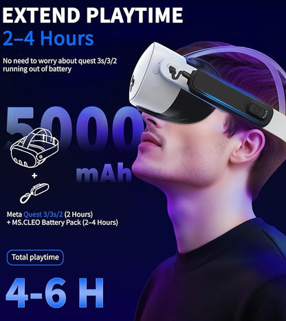 Battery Pack for Meta/Oculus Quest 3S/3/2,5000mAh Battery VR Charger, Extend 2-4 Hours Playtime, Lightweight Fast Charging VR Headset Safe Power Bank for Meta Quest 3S/3/2 Accessories