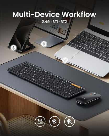 ProtoArc Foldable Keyboard and Mouse, XKM01 True Full-Size Folding Bluetooth Keyboard Mouse Combo for Business Travel, a Portable Office Suite On-The-Go, Compatible with Laptop iPad Tablet - Black