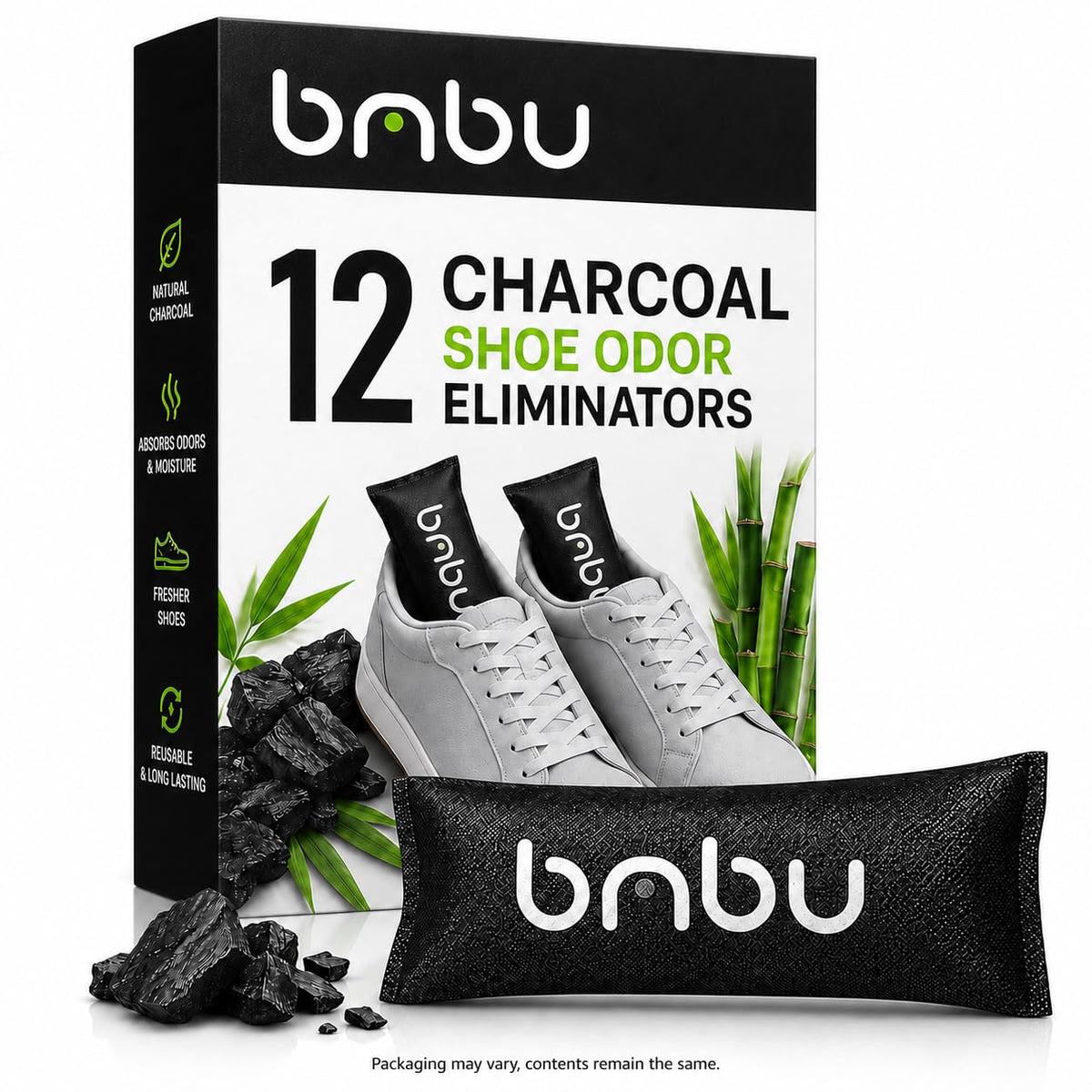 bmbu Activated Charcoal Shoe Deodorizer Inserts - Natural Bamboo Alternative to Odor Eliminator Balls for Sneakers, Gym Bags - Smell Absorber/Air Freshener for Sports Bag, Drawer, Cat Litter